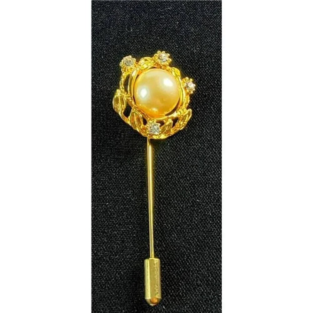 Vintage 10K Gold-Plated Filigree Lapel Pin w/ Rhinestones & Imitation Pearl 2.5